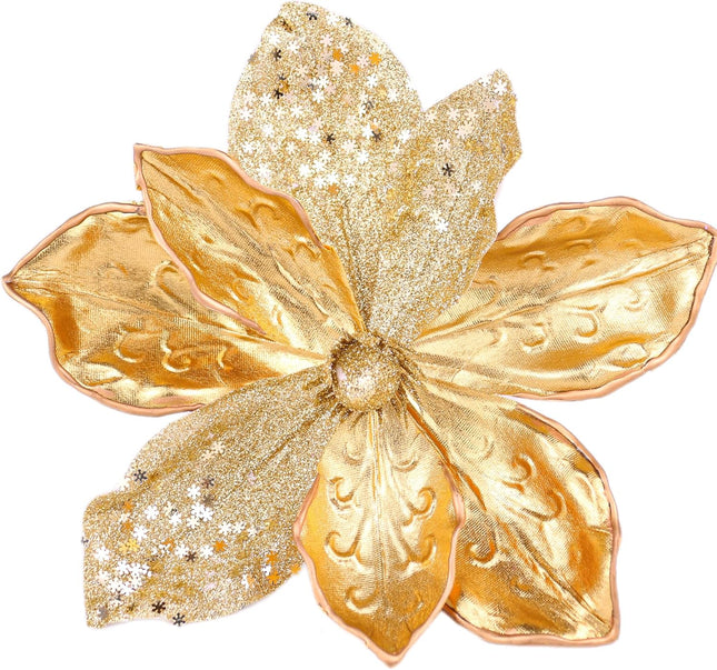 10" Velvet Poinsettias Artificial Christmas Flowers, 6pcs Large Glitter Christmas Poinsettia Picks, Floral Stems for Christmas Tree Wreath Garland Decorations DIY Ornaments (Gold