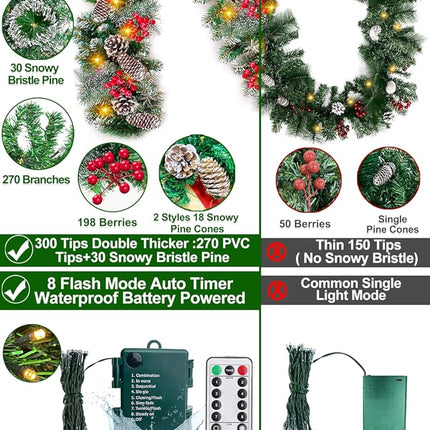 Remote Control 9 Ft Prelit Christmas Garland with Lights 8 Modes Timer 300 Branch Cedar Snowy Bristle 198 Berry 18 Pinecone Battery Operated Christmas Decorations Indoor Outdoor Holiday Mantle Stairs