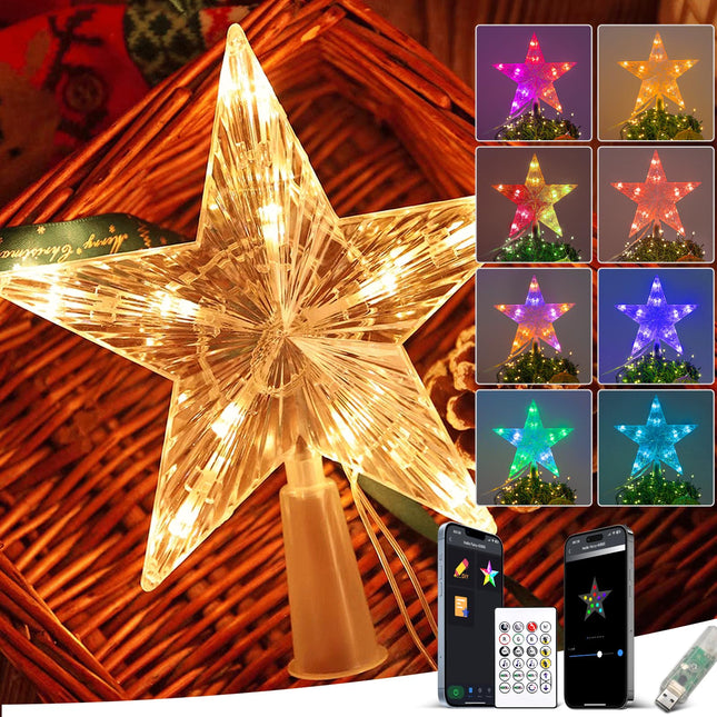 Christmas Tree Topper Star Crystal, 10 RGB Lights Christmas Tree Decorations, DIY Color Changing, 80 Modes, APP & Remote Control, for Home Bar Garden USB Xmas Tree Year Holiday Tree Decoration