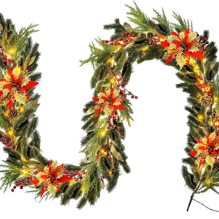 Pre-Lit Christmas Garland Decoration - 9FT Battery Christmas Garland with Lights, including Pine Cones, Safflower, Red Berry Cluster, Pine Branch, Leaves, Mixed Decors for Mantel Fireplace Stairs Door