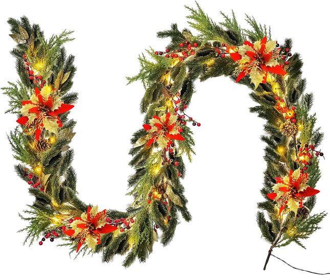 Pre-Lit Christmas Garland Decoration - 9FT Battery Christmas Garland with Lights, including Pine Cones, Safflower, Red Berry Cluster, Pine Branch, Leaves, Mixed Decors for Mantel Fireplace Stairs Door