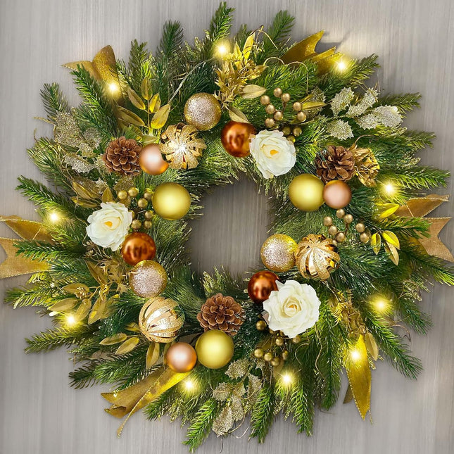 Christmas Wreaths for Front Door with Lights,24 inch Gold Large Christmas Wreaths Outdoor,Decorated with Christmas Ball,Pine Cones,Branches,Rose,Ribbon,Berry for Thanksgiving Fall Winter Decor