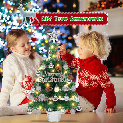 20" Tabletop Mini Christmas Tree Lighted, Artificial Small Xmas Pine Tree Prelit Christmas Tree with LED Lights and Ornaments for Xmas DIY Holiday