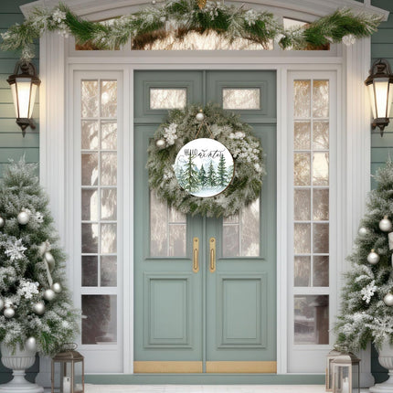 Whaline Christmas Hello Winter Wooden Hanging Sign Christmas Pine Trees Welcome Door Sign Xmas Winter Holiday Farmhouse Rustic Wreath Sign for Indoor Outdoor Home Wall Window Decor