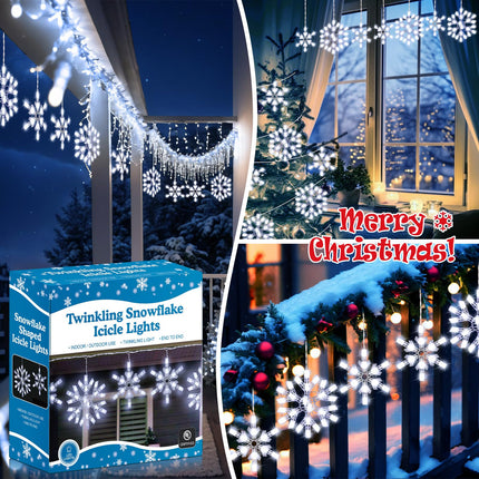Twinkling Snowflake Christmas String Lights with 6 Drops, 8.8FT 14 of 100 Random Twinkling LED Mini Bulbs Icicle Lights Christmas Snowflake Decor Outdoor for House, End to End up to 5 Set(2 Pack)