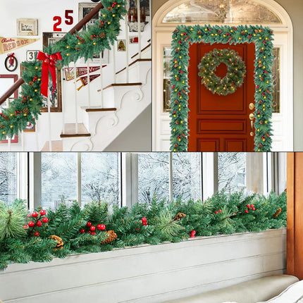 9FT Prelit Christmas Garland with 100 Lights Christmas Decorations Outdoor Lighted Christmas Garland for Mantle Stairs Railing Tree, Pre-Lit Christmas Garland Battery Operated Xmas Garland Fireplace