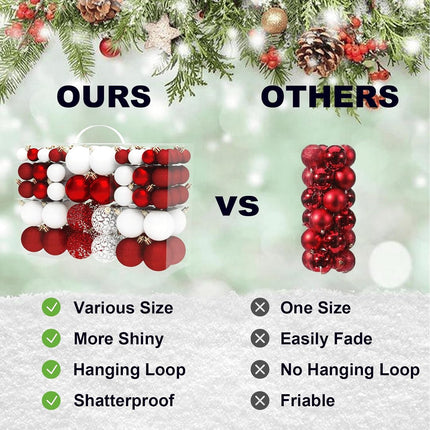 Christmas Ornaments Set, 100ct Red and White Christmas Balls Decoration Set, Shatterproof Hanging Plastic Christmas Ball Ornament for Xmas Tree Holiday Decor