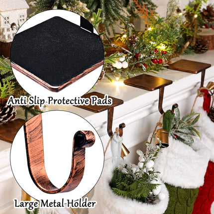 Tandefio 4 Pcs Christmas Stocking Holders for Mantle Heavy Duty Stocking Hangers with Protective Pads Cast Iron Xmas Stocking Hooks for Fireplace Home Shelf (Vintage Copper)