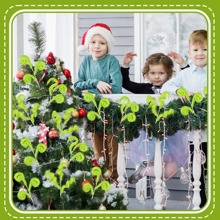6 Pcs Green Furry Christmas Tree Picks 17'' Furry Spiral Curly Sprays Elf Ornaments Green Woolen Bells Curly Pick Christmas Tree Picks Decorations Topper Filler Branches Home Office Party s