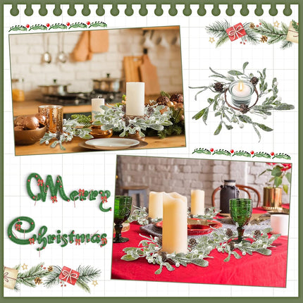 6 Pieces Christmas Pillar Candle Rings Frosted Mistletoe Wreaths with Pearl Accents Artificial Wreath Holiday Candle Rings for Holiday Parties and Home Decor