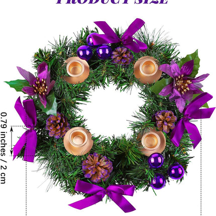 MCEAST 12 Inch Christmas Centerpiece Wreath Candle Holder with Purple Ribbon, Bowknots, Pine Cones for Home and Church Decoration