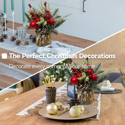 Christmas Table Decorations Small Tabletop Christmas Tree Artificial Mini Xmas Tree with Holiday Ornaments Red Berry Apple Pine Cone for Indoor Home Room Party Christmas Decor