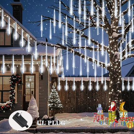 Meteor Shower Lights Christmas Lights Outdoor 24-Tube 576LEDs Snow Falling Rain Cascading Icicle Lights for Xmas Tree Christmas Decorations Wedding Party Holiday Garden Decor, UL Plug White
