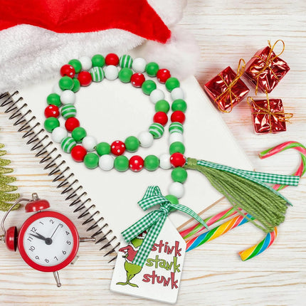 Christmas Thief Green Monster Wood Bead Garland Rustic Natural Beads with Cotton Rope Plaid Tassel Stink Stank Stunk Wooden Tag Farmhouse Holiday Ornaments for Xmas Tree Wreath Tiered Tray