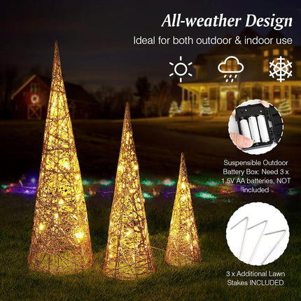 Lewondr Christmas Cone Trees, Set of 3 Christmas Tree with Lights and Glitters(24"/18"/12"), Battery Powered Decorative Winding Thread Outdoor Cone Christmas Tree for Home Holiday Xmas Décor, Gold