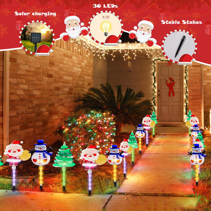 12PCS Christmas Tree Pathway Stake Lights Solar Outdoor Garden Lights,13.2FT Christmas Santa Claus,Snowman Figurine Lights with 8 Modes for Yard,Xmas,Walkway(2Sets)