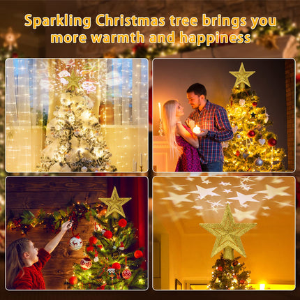 Sparkling Gold Christmas Tree Topper Lighted, 3D Hollow Xmas Tree Decorations, Christmas Tree Star Topper with 2 Projection Modes, Suitable for Party Festivals