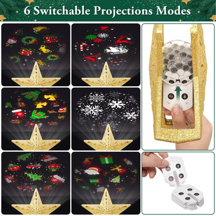 Christmas Tree Topper Lighted with 6 Projection Modes, Christmas Star Tree Topper Built-in Rotating Magic Cool Dynamic Projection, Gold 3D Glitter Tree Topper for Christmas Party Decorations