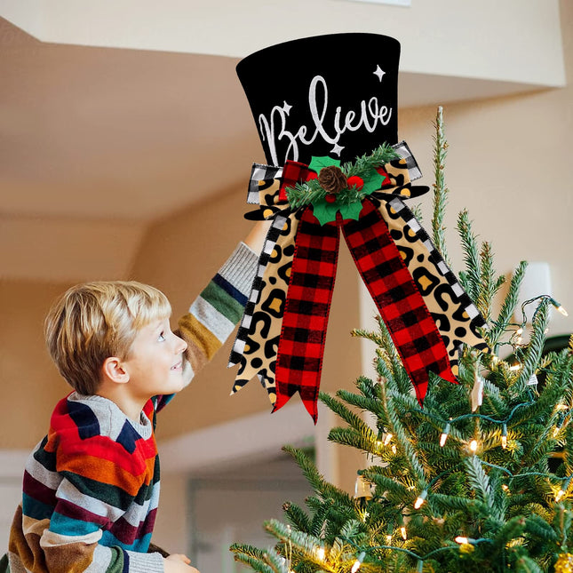 Buffalo Plaid Christmas Tree Topper Top Hat with Handmade Leopard Black and Red Check Bows Xmas Believe Ornament Winter Holiday Santa Home Decoration Wreath Festive Ideas Supplies