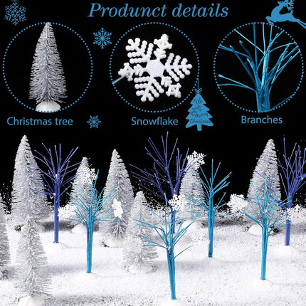 15 Pcs Mini Christmas Trees Bottle Brush Trees Set Christmas Village Sets Navy Blue Winter Village Accessories Ornaments for Christmas Decorations Snowflake Bare Branch Miniature Snow Frost Trees Home