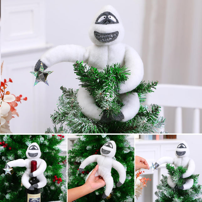 Christmas Tree Topper Abominable Snow Monster Ornament, Poseable Handmade Abominable Chimpanzees Hugger with Star, Can be Hung Snowman Tree Topper Xmas Decorations (White)