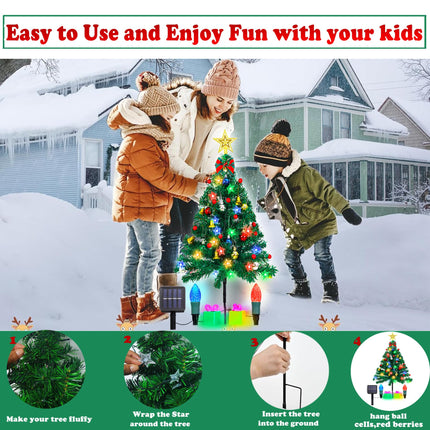 Solar Christmas Tree Lights,30inch Solar Christmas Path Lights with Star Topper,2 Pack Outdoor Christmas Tree Solar Garden Lights with Decors and Star for Garden Pathway Cemetery Decor