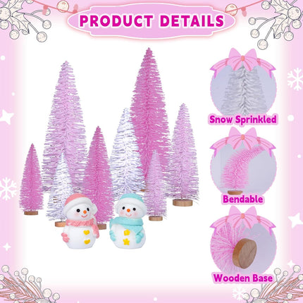 AerWo 10Pcs Mini Pink Christmas Trees Bottle Brush Christmas Trees 3.94''-7.87'' with Snowman Couple, Small Christmas Village Trees Pine Trees for Tabletop Christmas Decor Winter Holiday Decorations