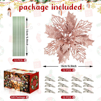 Poinsettia Christmas Decorations Flowers -12Pcs Artificial Poinsettia Christmas Tree Ornaments Glitter for Xmas Year Wedding Party Wreath DIY Garland Decor (Rose Gold)