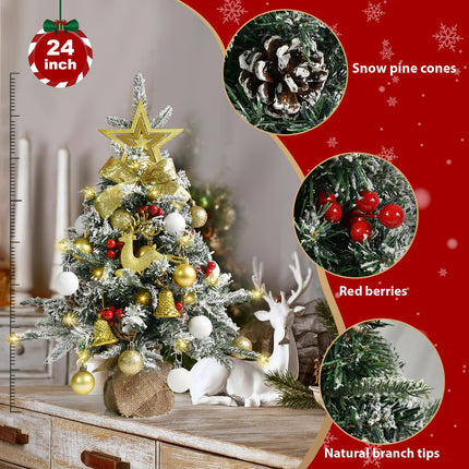 Tabletop Christmas Tree 24 Inch / 2 FT Mini Artificial Christmas Tree with 40 LED Lights, Battery Operated Small Xmas Tree for Indoor Tabletop or Desktop Decoration (White and Gold Ornament Tree)