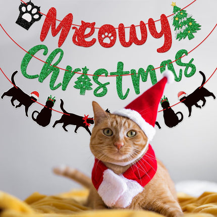 Meowy Christmas Banner, Cat Christmas Decorations, Funny Merry Christmas Banner, Christmas Black Cat Garland, Xmas Christmas Party Supplies, Red Green Black