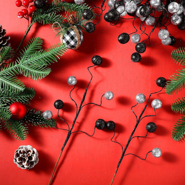 Hiboom 30 Pcs Christmas Glitter Ball Picks 14 Inch Artificial Curly Spray Ball Sticks Decorative Stem Picks for Holiday Wedding Vase Fillers Xmas Tree Topper DIY Wreath Crafts Decor (Black and Silver)