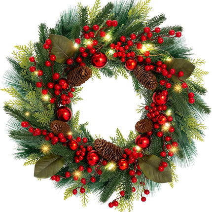 MACTING 20inch Christmas Wreaths for Front Door,8 Lighting Mode Artificial Wreath with Lights Battery Operated Indoor Outdoor Winter Christmas Wreaths with Red Berries Pine Cones and Ball Ornaments