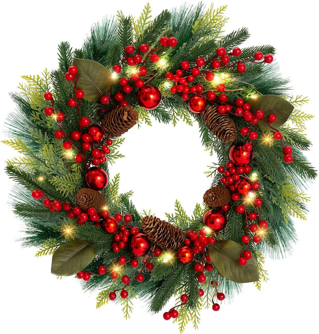 MACTING 20inch Christmas Wreaths for Front Door,8 Lighting Mode Artificial Wreath with Lights Battery Operated Indoor Outdoor Winter Christmas Wreaths with Red Berries Pine Cones and Ball Ornaments