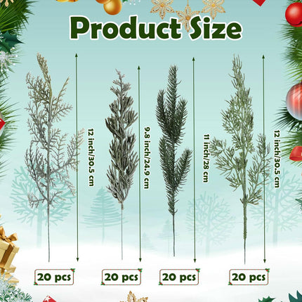 Lyrow 80 Pcs Christmas Artificial Pine 4 Styles Snowy Artificial Pine Branches Faux Leaves Needle Plastic Pine Fake Greenery Pick Greenery Christmas Tree for DIY Christmas Wreaths Home Decoration