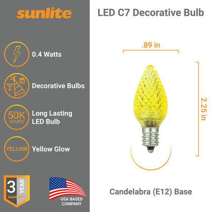 Sunlite 40462 LED C7 Holiday Decorative Light Bulb, 0.4 Watts, E12 Candelabra Base, Faceted Christmas-Lights Nightlight, Yellow