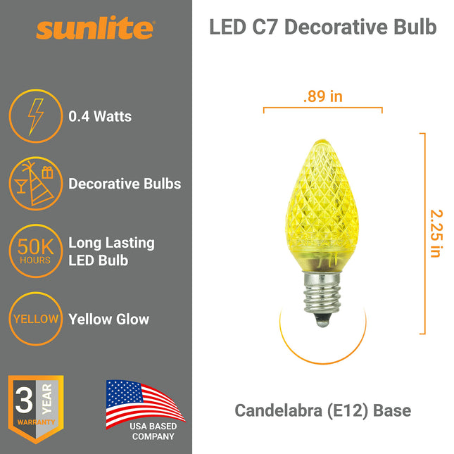 Sunlite 40462 LED C7 Holiday Decorative Light Bulb, 0.4 Watts, E12 Candelabra Base, Faceted Christmas-Lights Nightlight, Yellow