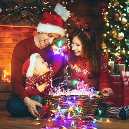 Christmas Lights Outdoor Decorations 218 LED 13.8ft Curtain Fairy Lights with 12 Stars, Clear Wire LED String Light with 8 Modes for Wedding Party Holiday Christmas Home