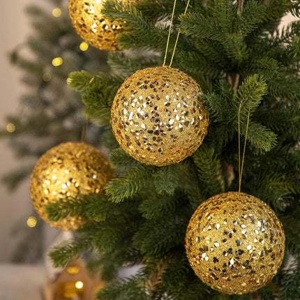 4" 6 Pcs Christmas Balls Ornaments Set Hanging Decorations, Large Xmas Tree Ornaments Balls, Shatterproof Glitter Indoor Christmas Decoration for Tree Holiday Garland Party Bowl Filler, Gold