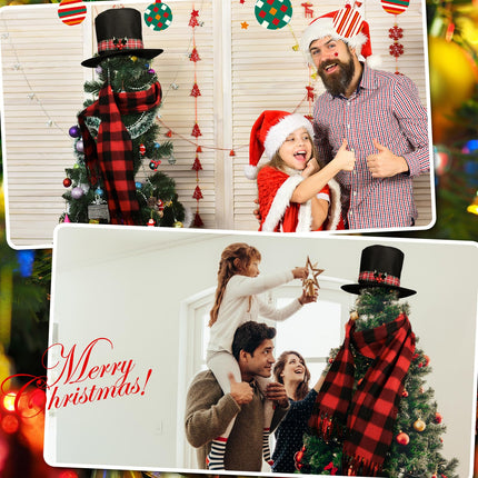 Liitrsh 2 Pcs Christmas Tree Topper Snowman Hat Black Red Plaid Scarf Tree Topper Decorations Snowman Top Hat with Plaid and Mistletoe Holly and Berry for Christmas Tree Decorations Supplies