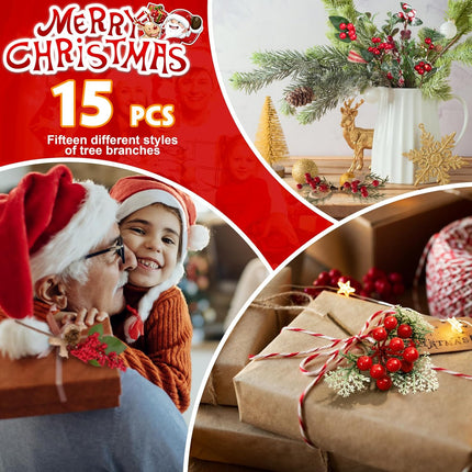 Crafare 15 Pack Small Artificial Christmas Picks 5"-10" Assorted Red Berry Picks Stems Faux Pine Picks Spray with Pinecones for Christmas Floral Arrangement Winter Holiday Season Decoration
