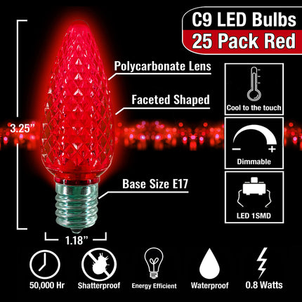 C9 LED Bulb (Pack of 25) LED RED Replacement Christmas Light Bulbs Faceted Retrofit Candle Shape Commercial Grade E17 Socket Roof Lights Bulbs
