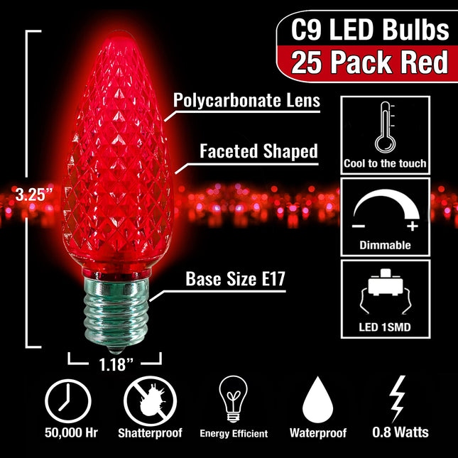 C9 LED Bulb (Pack of 25) LED RED Replacement Christmas Light Bulbs Faceted Retrofit Candle Shape Commercial Grade E17 Socket Roof Lights Bulbs
