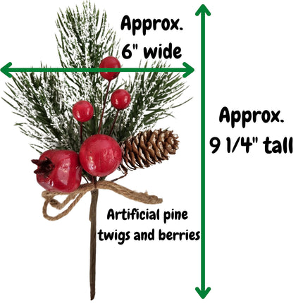 BANBERRY DESIGNS Christmas Decorating Picks - Set of 10 - Snow Flocked Pine Greenery with Pinecone & Red Berries - Xmas Holiday Accents for Wreath, Garland, s