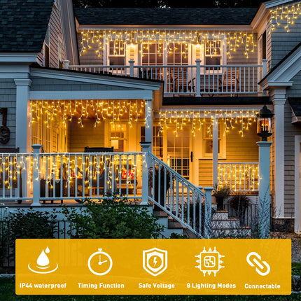 JMEXSUSS 38.8FT Icicle Lights for Outside, 400 LED Icicle Christmas Lights Outdoor Indoor Plug in, Warm White Christmas Icicle Lights with Remote for Wedding House Fireplace Christmas Decorations