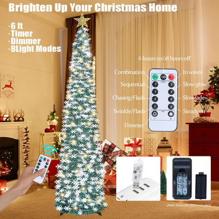 HMASYO 6 FT Pop Up Tinsel Christmas Tree with 100 LED Lights & Remote, Collapsible Artificial Pencil Tree with Snowflake Ornaments Xmas Decoration for Home, Office, Party, USB Powered Timer Lights