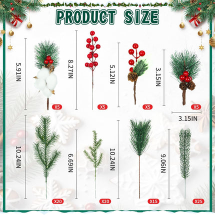 Lyrow 100 Pcs Artificial Pine Branches Green Pine Needles Fake Greenery Christmas Picks Floral Christmas Wreath Decorations Holly Red Berry Stems for Winter Holiday DIY Garland Home Garden Decor