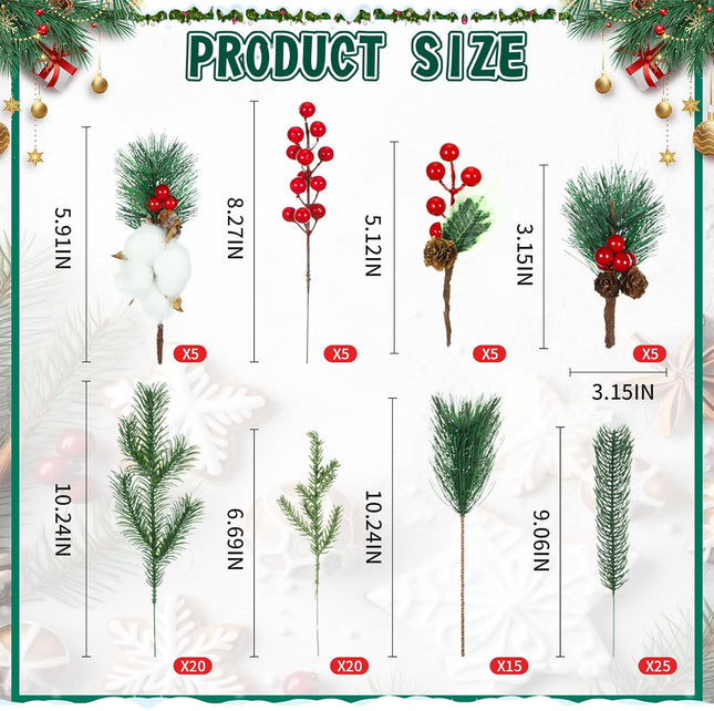 Lyrow 100 Pcs Artificial Pine Branches Green Pine Needles Fake Greenery Christmas Picks Floral Christmas Wreath Decorations Holly Red Berry Stems for Winter Holiday DIY Garland Home Garden Decor