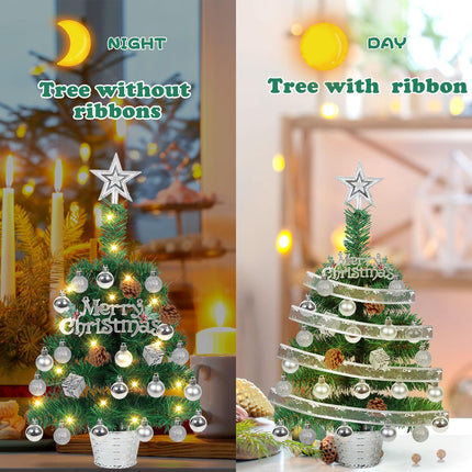 20" Tabletop Mini Christmas Tree Lighted, Artificial Small Xmas Pine Tree Prelit Christmas Tree with LED Lights and Ornaments for Xmas DIY Holiday