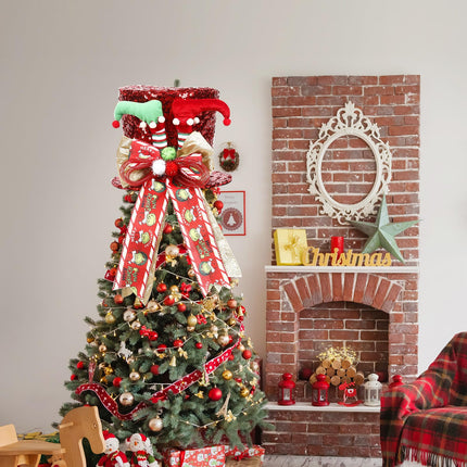 Large Christmas Tree Topper Hat - Red Hat with Elf Legs, Candy Christmas Tree Topper - Perfect for Holiday Decorations, Santa & Grinch Christmas Tree Topper (Red 5)