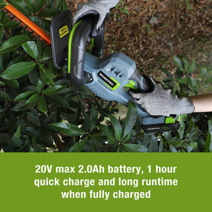 WORKPRO 20V Cordless Hedge Trimmer, 20" Dual Action Blades Electric Gardening Trimmer, 2.0Ah Battery 1 Hour Quick Charger Included, Great Garden s